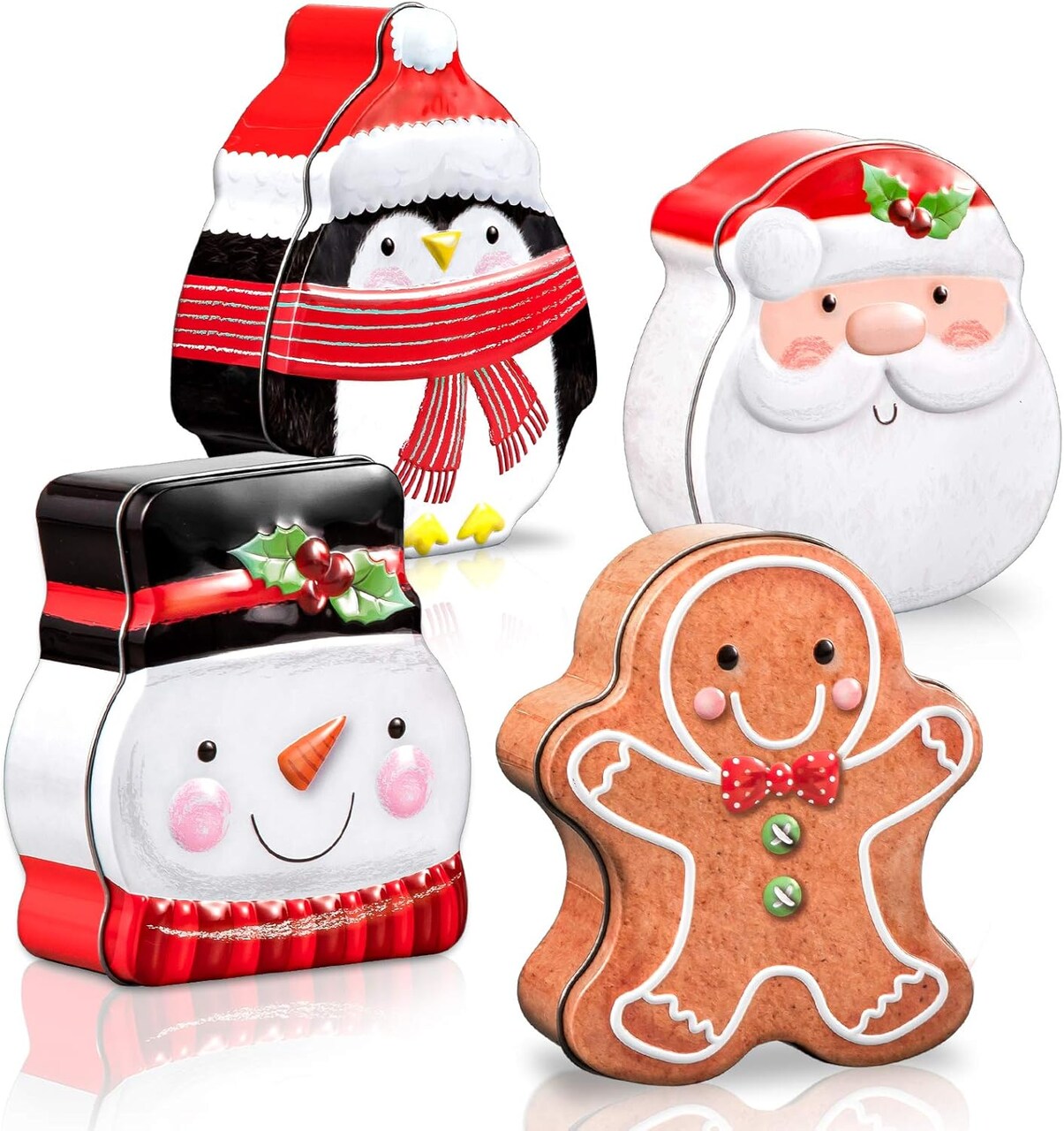 Christmas Tin Box Xmas Card Tin Box Metal Cookie Tin Box with Lid Assorted Card Holder Containers for Party Decor Supplies Santa Clause Snowman Gingerbread Penguin, 4 Pack